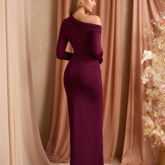 Women's Long Sleeve Bodycon Maxi Dress One Shoulder Ruched Fall Formal Wedding G - Picture 5 of 6